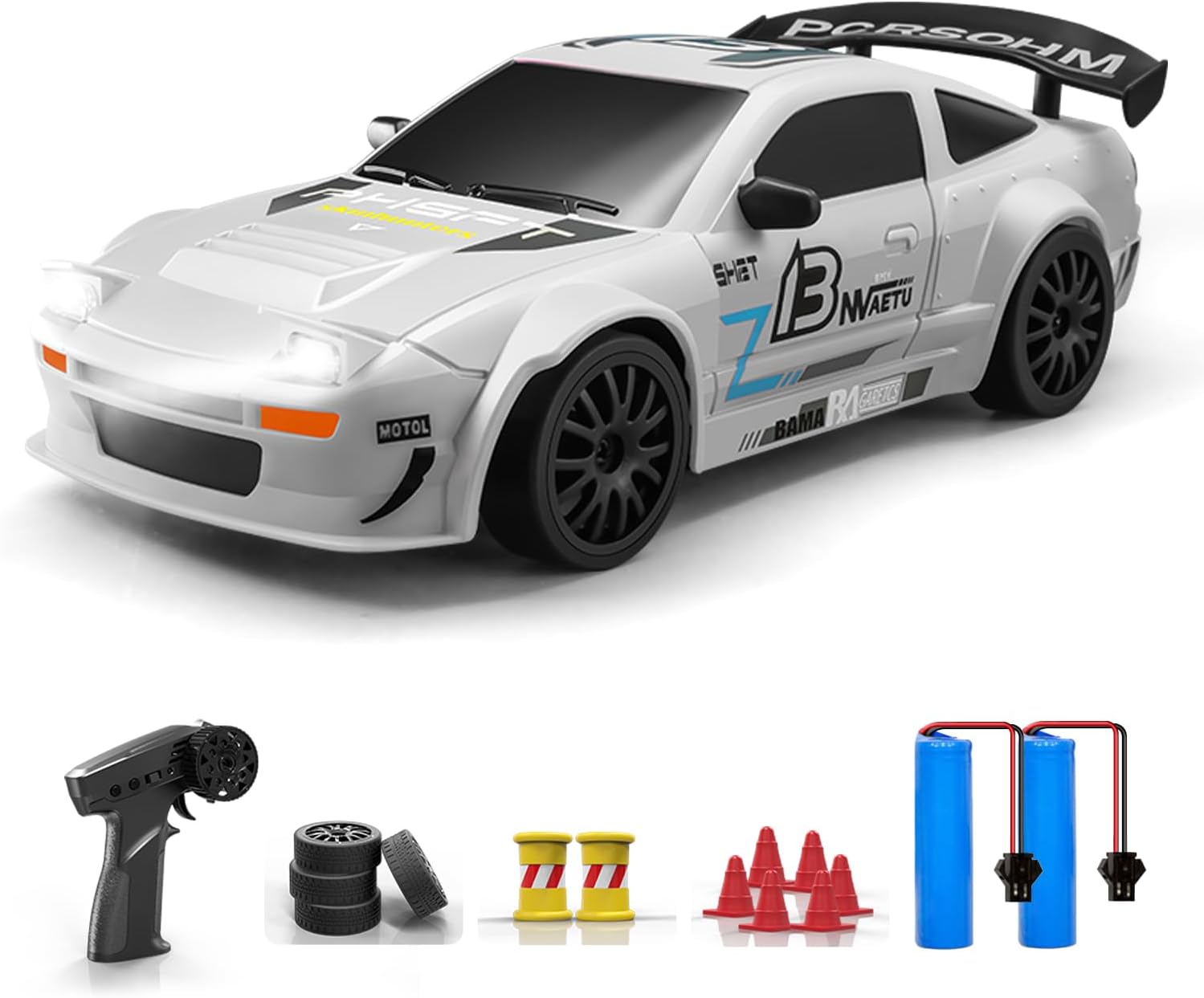 ACAMMZAR RC Drift Car, 1:24 Remote Control Car for Kids, 20KM/H 4WD High Speed RC Cars with LED Lights, Two Batteries, Extra Drifting Tires, Vehicle for Adults Boys Girls, White