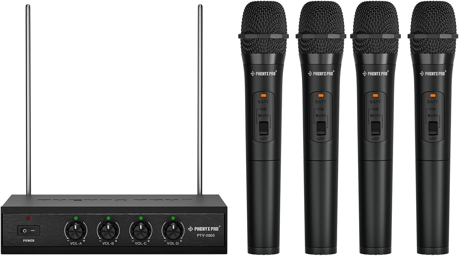 Phenyx Pro Wireless Microphone System, 4 Channel VHF Wireless Mics, w/ 4 Handheld Dynamic Microphones, Metal Receiver, Long Range, Microphone for Singing, Karaoke, Church (PTV-2000A)