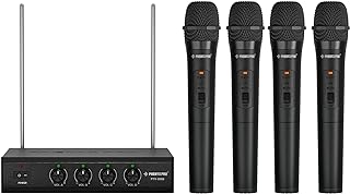Phenyx Pro Wireless Microphone System, 4 Channel VHF Wireless Mics, w/ 4 Handheld Dynamic Microphones, Metal Receiver, Long Range, Microphone for Singing, Karaoke, Church (PTV-2000A)