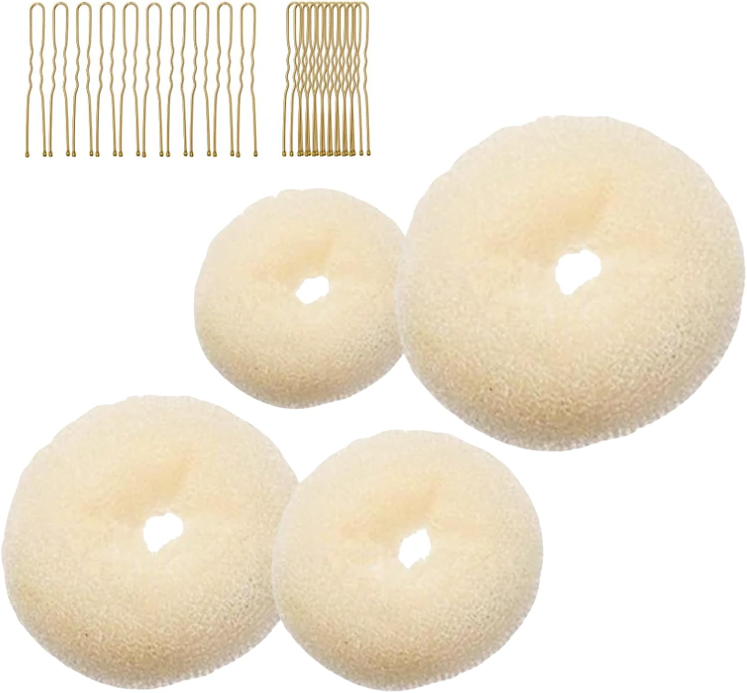 4 Pcs Ring Style Donut Bun Shaper with 20 golden Hair Pins,Beige Donut Bun Maker,Hair Donuts,Shaper Set For Dancers, ballerinas,Girls etc And daily hairstyles DIY（Beige）