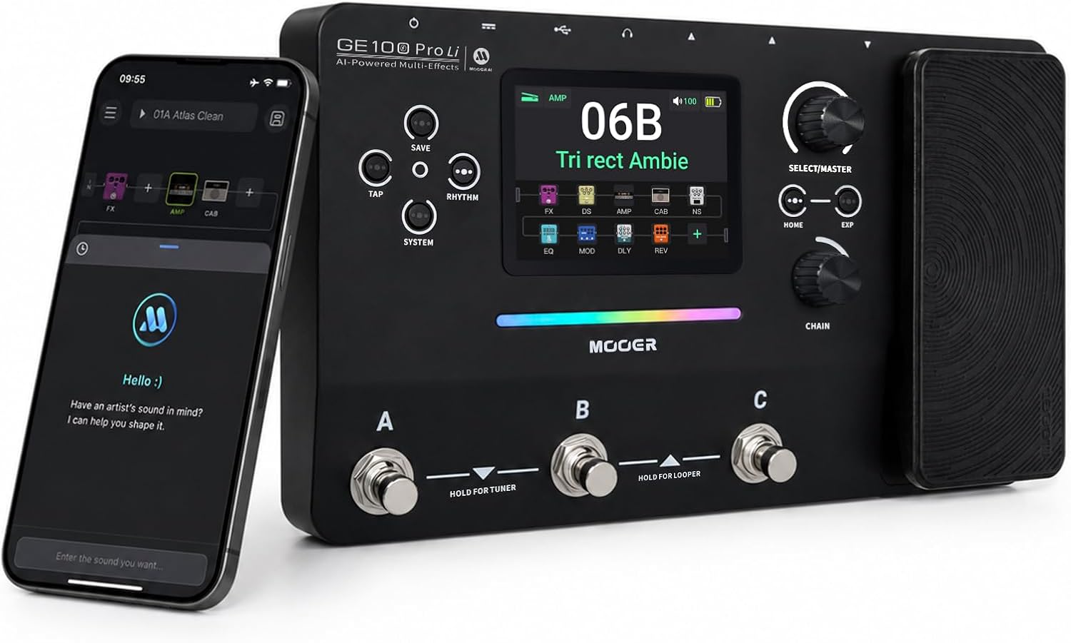 MOOER GE100Pro Li Guitar Multi-Effects Pedal 3.5 inch screen AI Assistant | 240 Effect Types, 80 Second Stereo Looper, Drum Machine, RGB Lighting, Mobile APP & PC Editing for Stage & Recording