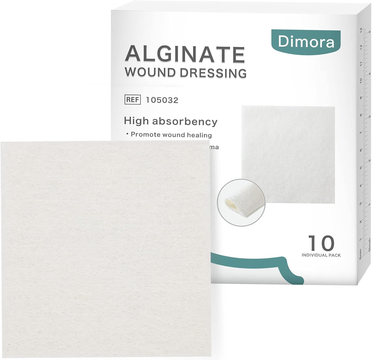 Dimora Calcium Alginate Wound Dressing, 4'' x 4'' Patches,10 Individual Sterile Pads, Soft and Highly Absorbent Dressing Gauze, Non-Stick Padding