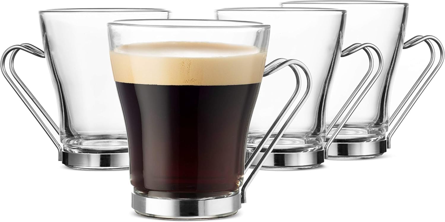 Bormioli Rocco Oslo 7.5 oz. Cappuccino Tempered Glass Cup with Removable Stainless Steel Handle for Coffee, Tea, Lattes, and Hot Drinks, Set of 4