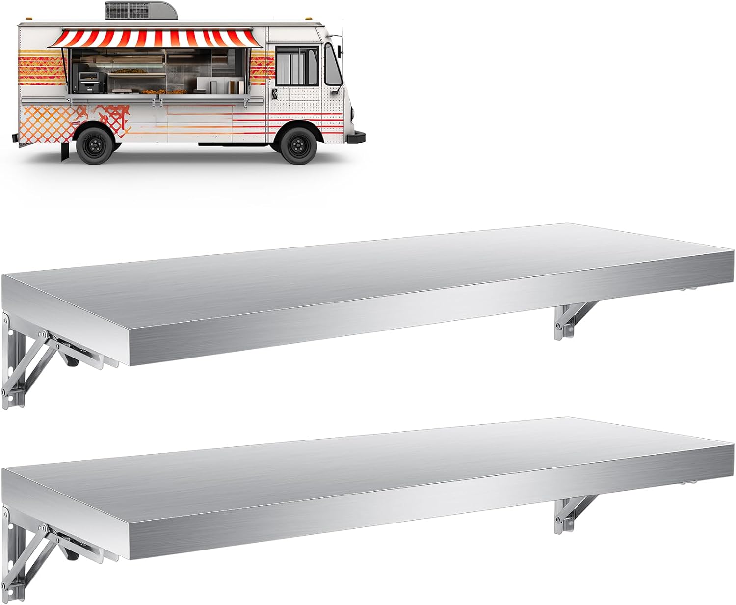2 Pack Stainless Steel Shelf Folding Concession Wall Mounted Shelves Commercial Serving Stand Shelves for Food Truck Trailer Windows Restaurant Kitchen Home Utility Room Garage (12"x35")