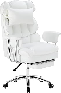 Sweetcrispy Executive Home Office Desk Chair - Ergonomic Big Tall High Back with Footrest & Lumbar Support, Reclining Height Adjustable, Comfy PU Leather Computer Gaming with Swivel Wheels, White