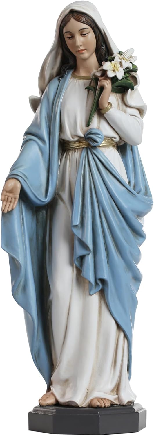 Blessed Mother Mary Statue - 10 Inch Madonna Virgin Mary Statue Elegant Home Decor, Hand Painted Saint Mary Holding Lilies Figurines Renaissance Collection
