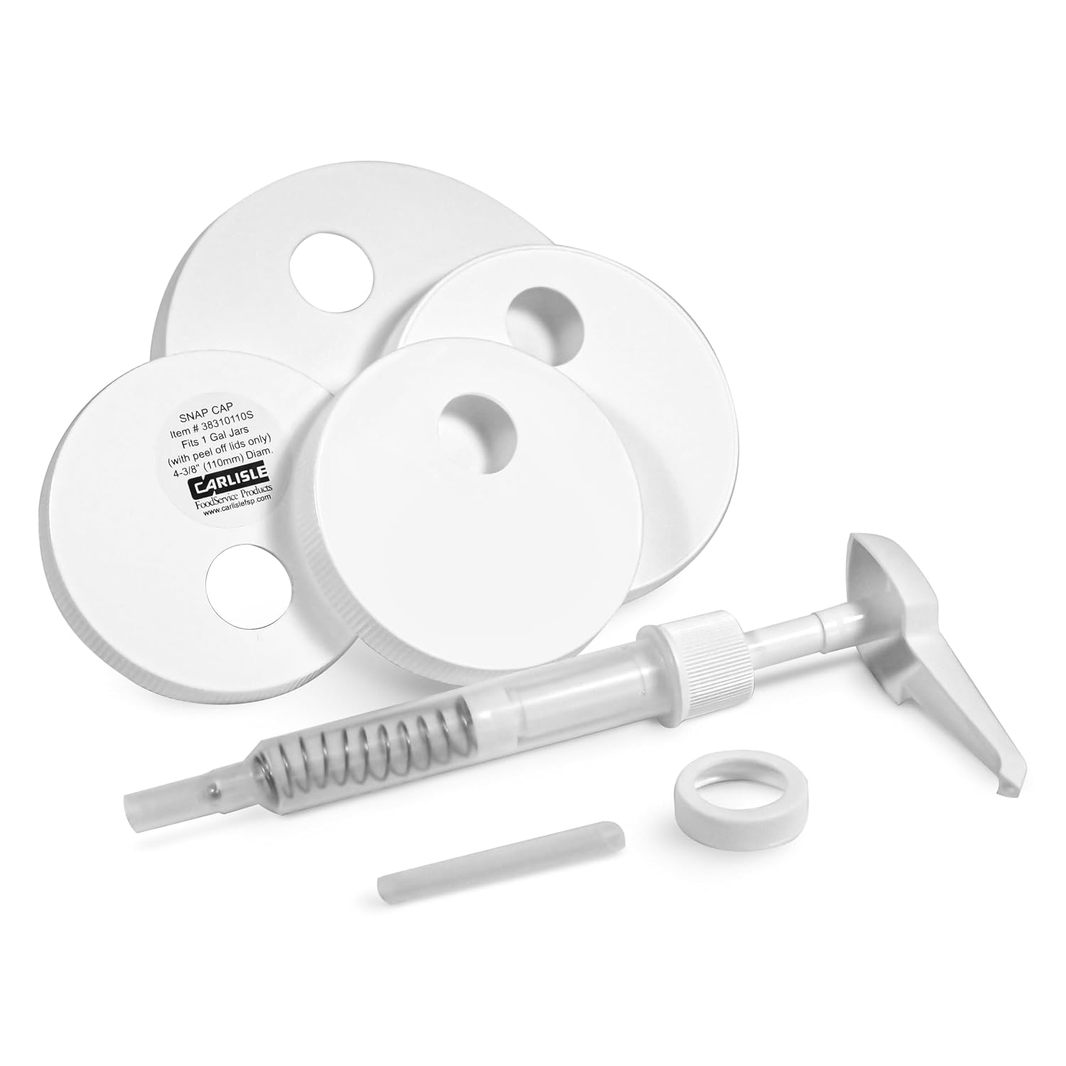 Carlisle FoodService Products Universal Condiment Pump/Dispenser Kit with 5 Lids, White
