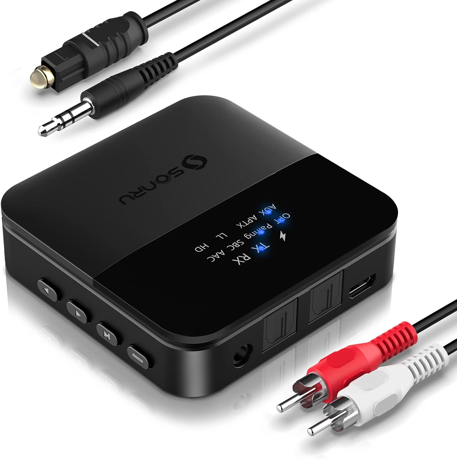 SONRU Newest Upgraded Bluetooth Transmitter Receiver, Bluetooth Audio Adapter Digital Optical TOSLINK RCA 3.5mm Audio Cable for TV/Home Stereo System Low Latency,HD