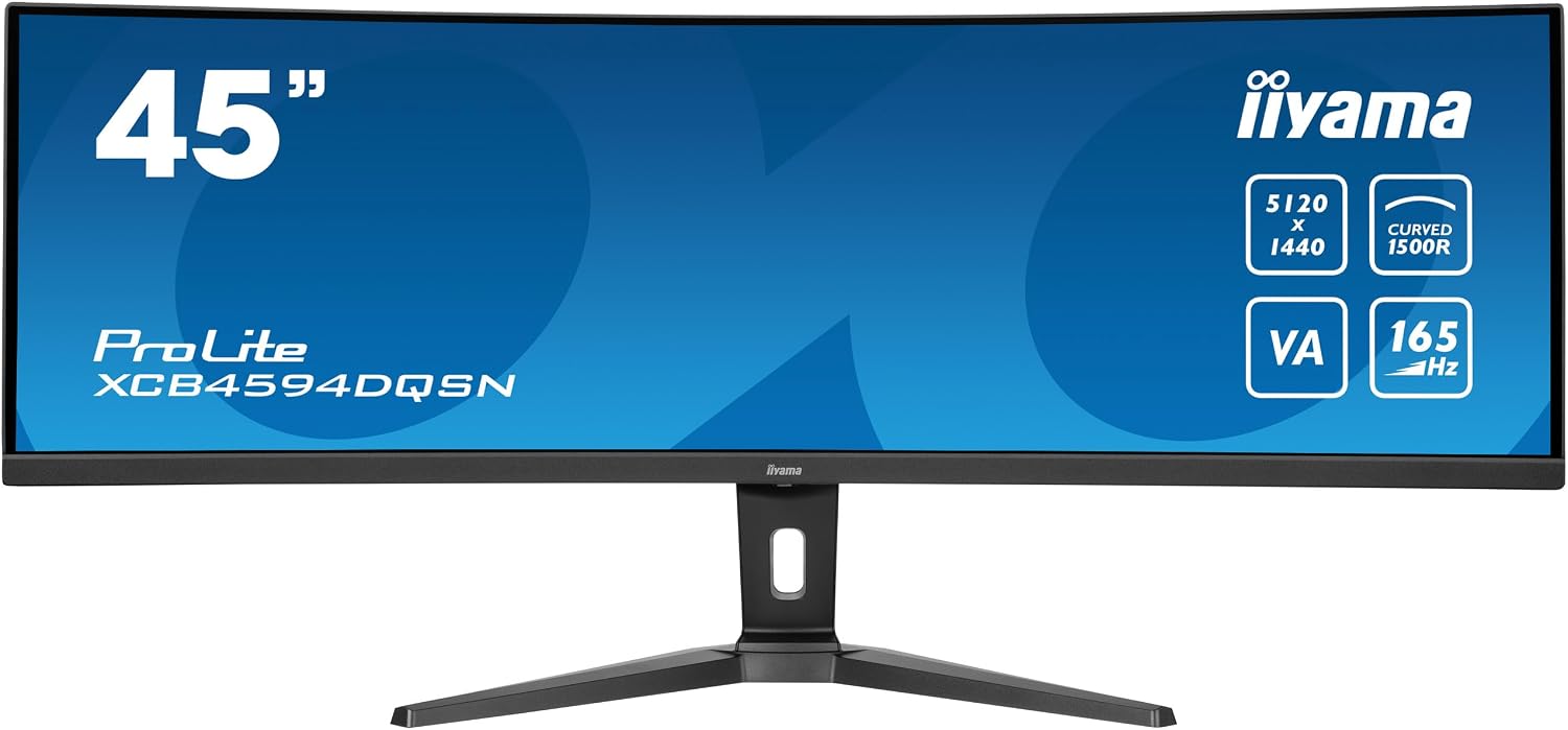 iiyama XCB4594DQSN-B1 45 inch Curved 1500R VA,165Hz, USB-C Dock Display, 90W Charging,1ms, Ultra Wide 5120x1440 (DQHD), RJ45/2x HDM/1 x DP/1 x USB-C, 3 x USB 3.2, KVM Switch Height Adjustable Stand