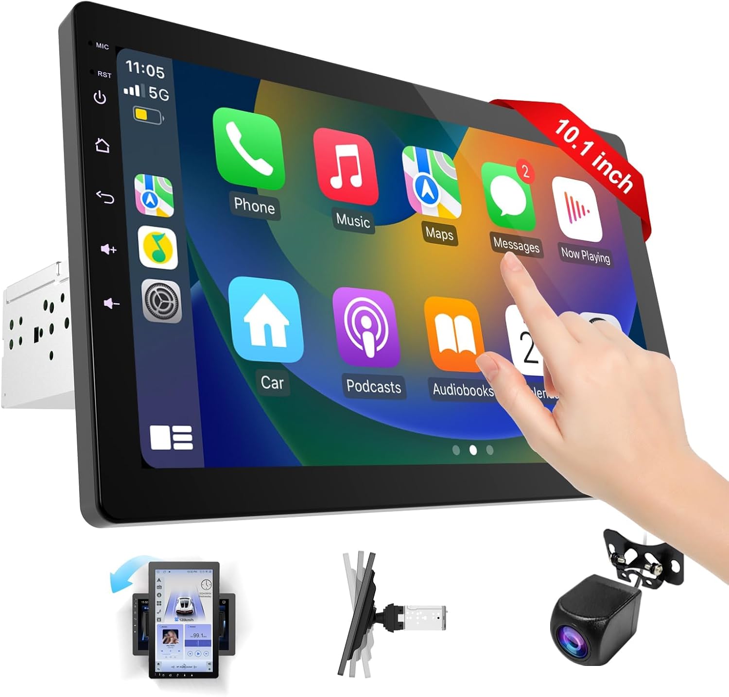 10.1 Inch Rotatable Carplay Screen for Car and Android Auto,Single Din Car Stereo with 1080P Backup Camera,Touch Screen GPS Navigation,Bluetooth,Voice Control