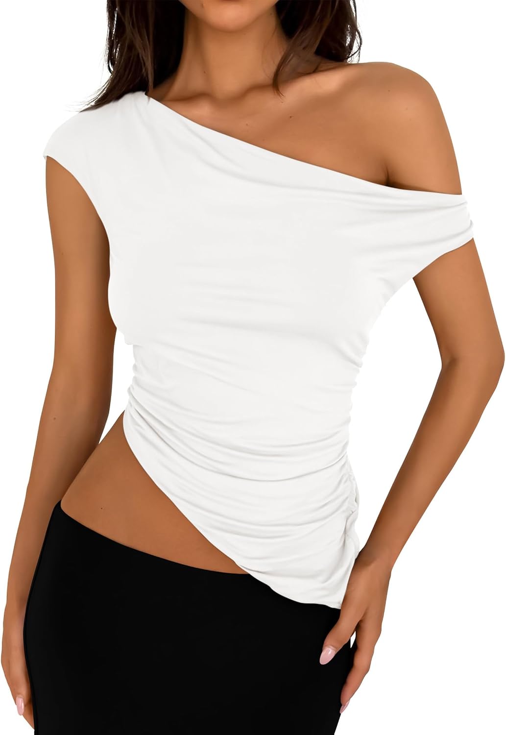 PRETTYGARDEN Womens Off The Shoulder Y2K Tops 2026 Summer Sleeveless Asymmetrical Ruched Going Out Tank Top Fashion Clothing