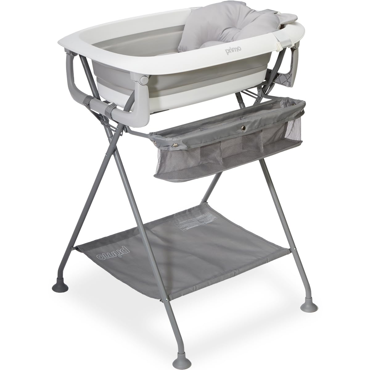 Primo SquishSplash Collapsible Baby Bath & Folding Stand With Ergonomic Infant Cushion for Newborns & Toddlers - Complete Bathing Station - Compact Space Saving Design, Ages 0-24 Months