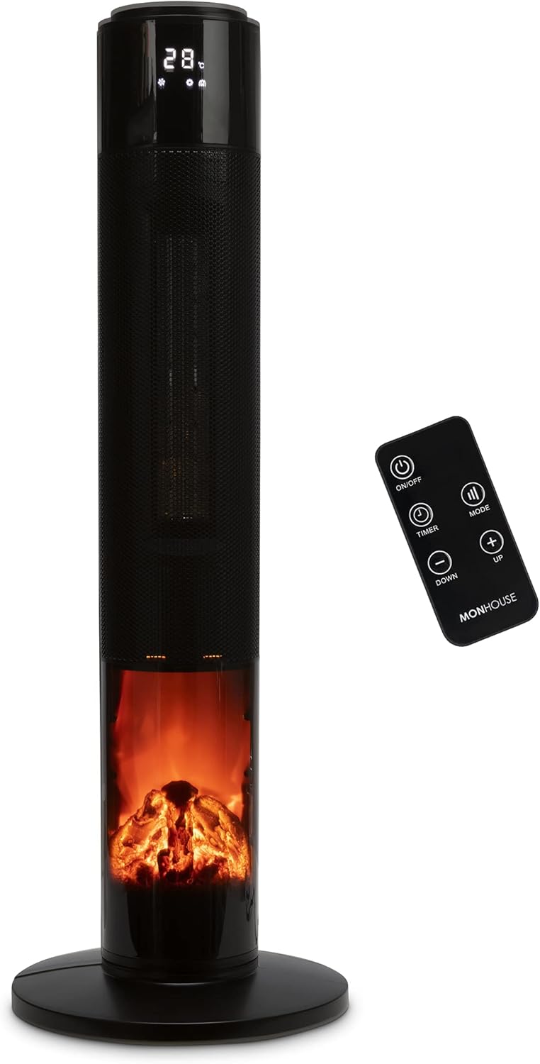 MONHOUSE Oscillating Tower Fan Heater with Fireplace 33 inches - Portable PTC Ceramic Electric Heater with LCD Display, Remote Control, Overheat Protection and Safety tip-over Switch - Black