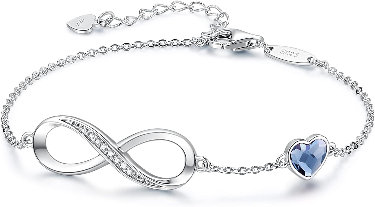 CDE Infinity Heart Birthstone Charm Link Bracelet for Women 925 Sterling Silver Adjustable Mother's Day Gift Anniversary Birthday Jewelry for Wife Girlfriend Her