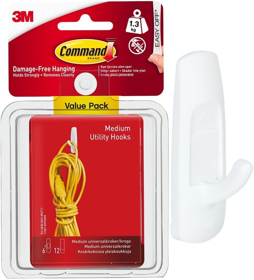 Command Utility Hooks, Medium, 6 Hooks in White and 12 Adhesive Strips - Damage Free Hanging - Holds up to 1.3kg