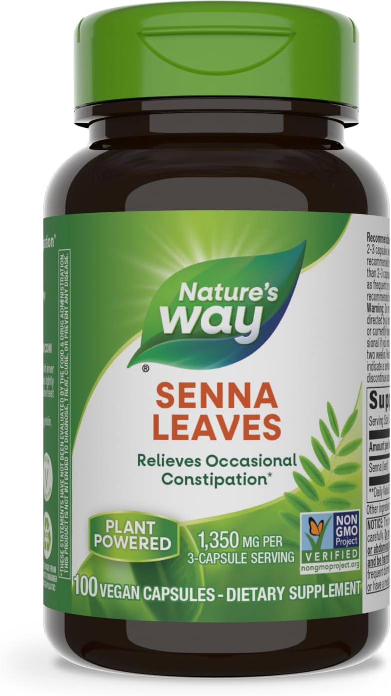 Nature's Way Senna Leaves, Relieves Occasional Constipation*, 1,350 mg per 3-Capsule Serving, Non-GMO Project Verified, 100 Capsules (Packaging May Vary)