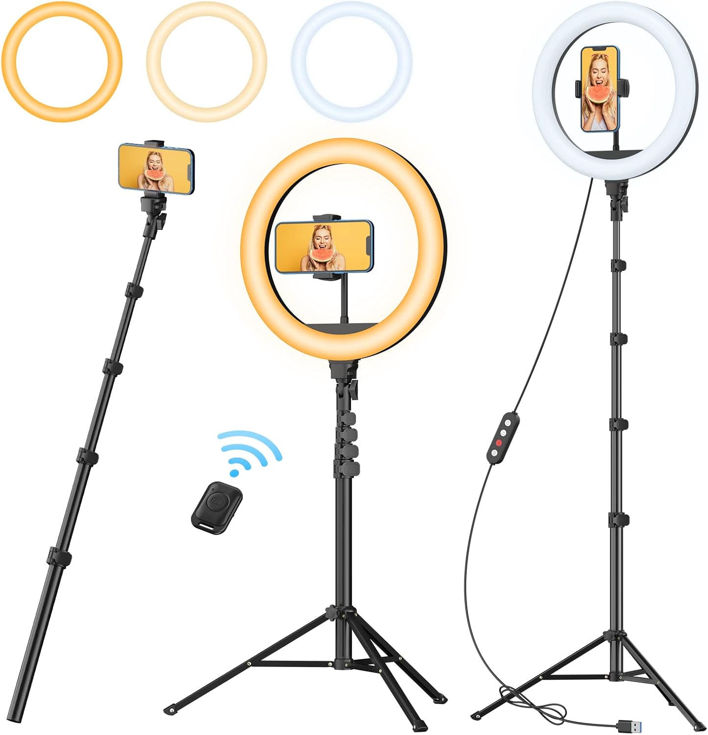 TODI 12" Ring Light with 63" extendable Tripod Stand, Selfie RingLight with Phone Holder and Wireless Remote, 2-in-1 Dimmable LED Ring Light and Selfie Stick for Makeup, Live Stream, Photography