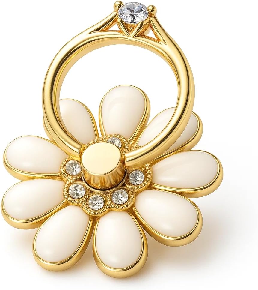 NXVX Daisy Phone Ring Holder – Nine-Petal White Flower Grip, 360° Rotating Finger Ring & Kickstand, Rhinestone Bling, Strong 3M Adhesive, Fits iPhone & Android