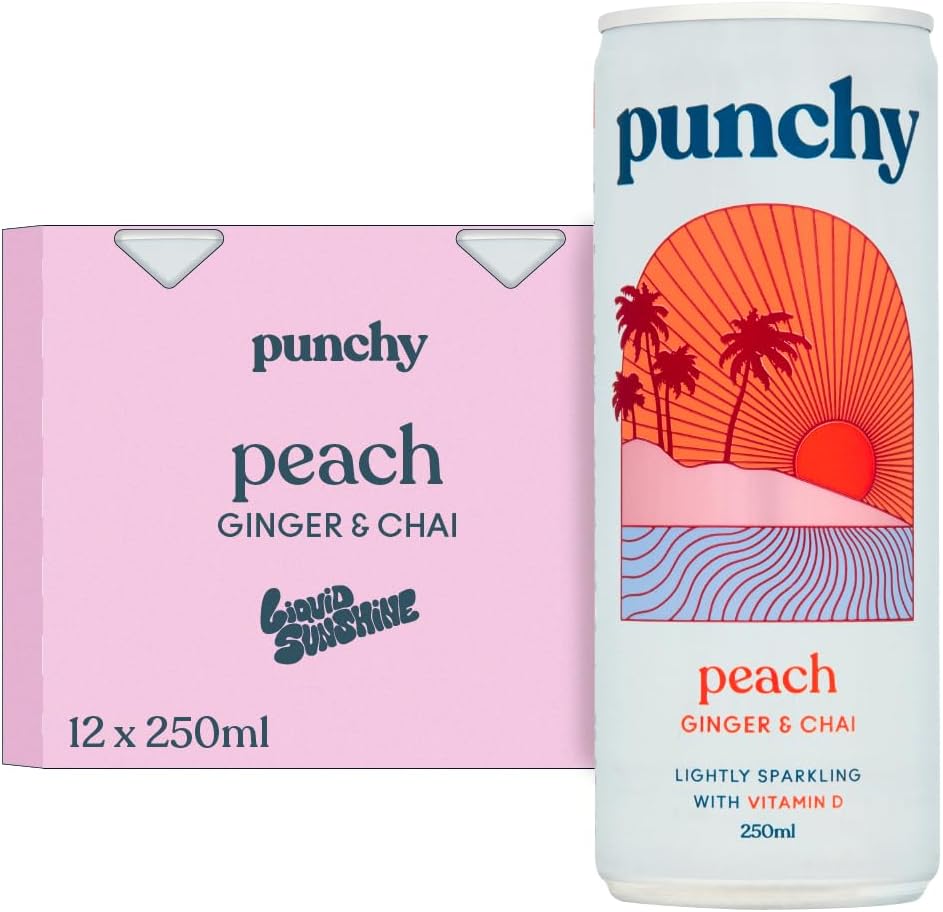 Punchy Drinks - Peach, Ginger & Chai - Premium Soft Drink, Mixer, Sparkling Water, Vitamin D, All Natural, Low Calorie, Non Alcoholic - 12 x 250ml