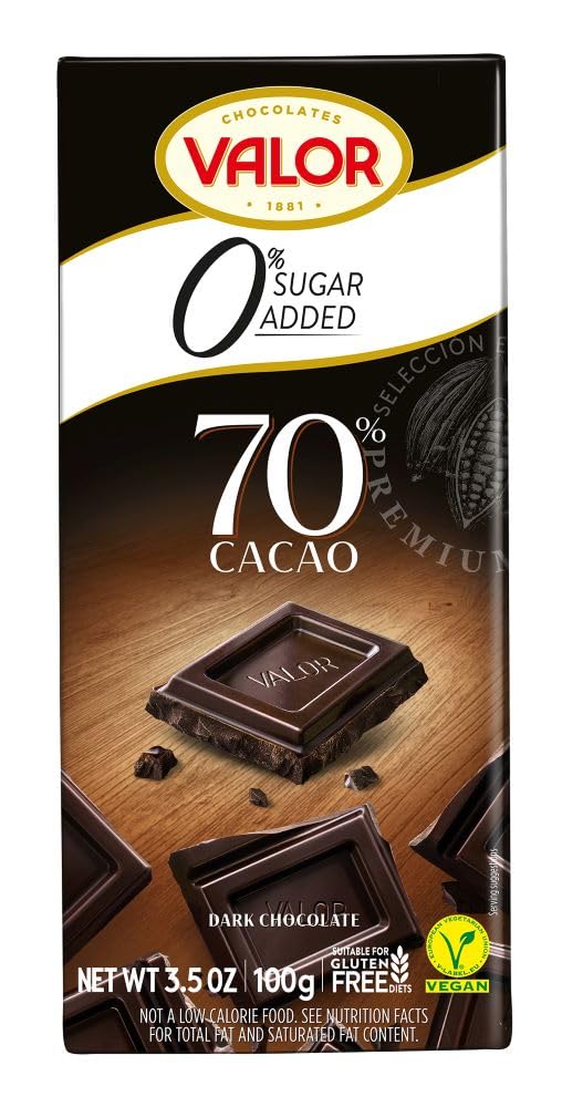 Valor. 70% Cocoa Dark Chocolate. No sugar added. 100g (3.53oz). Pack of 2.