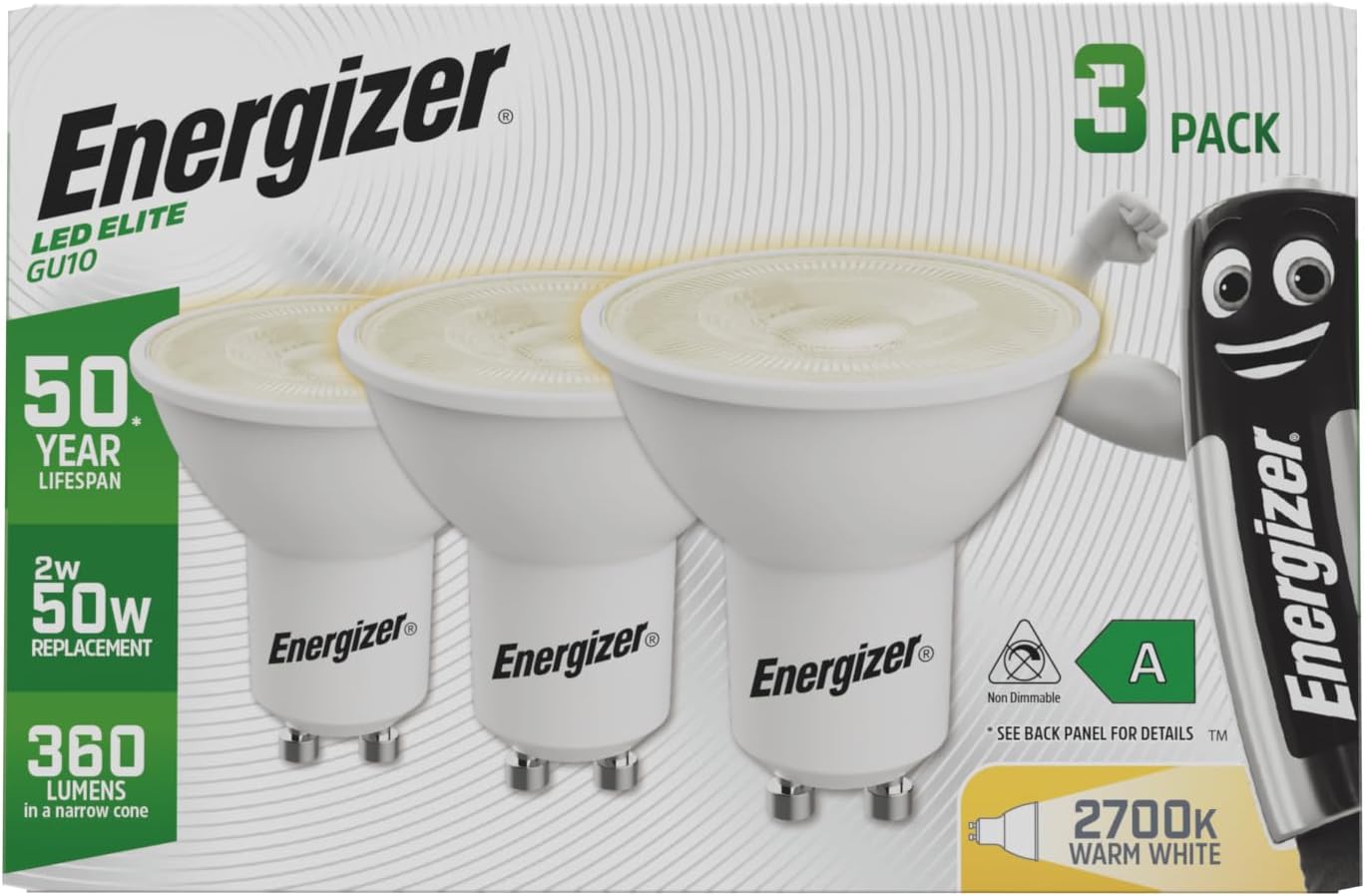 Energizer Ultra Efficient - 50 Year Life Span - GU10 LED Bulbs - Ideal LED Light Bulbs for Fittings Featuring a GU10 LED Bulb. Ultra Low Energy. Next Generation - Warm White - 3 Pack