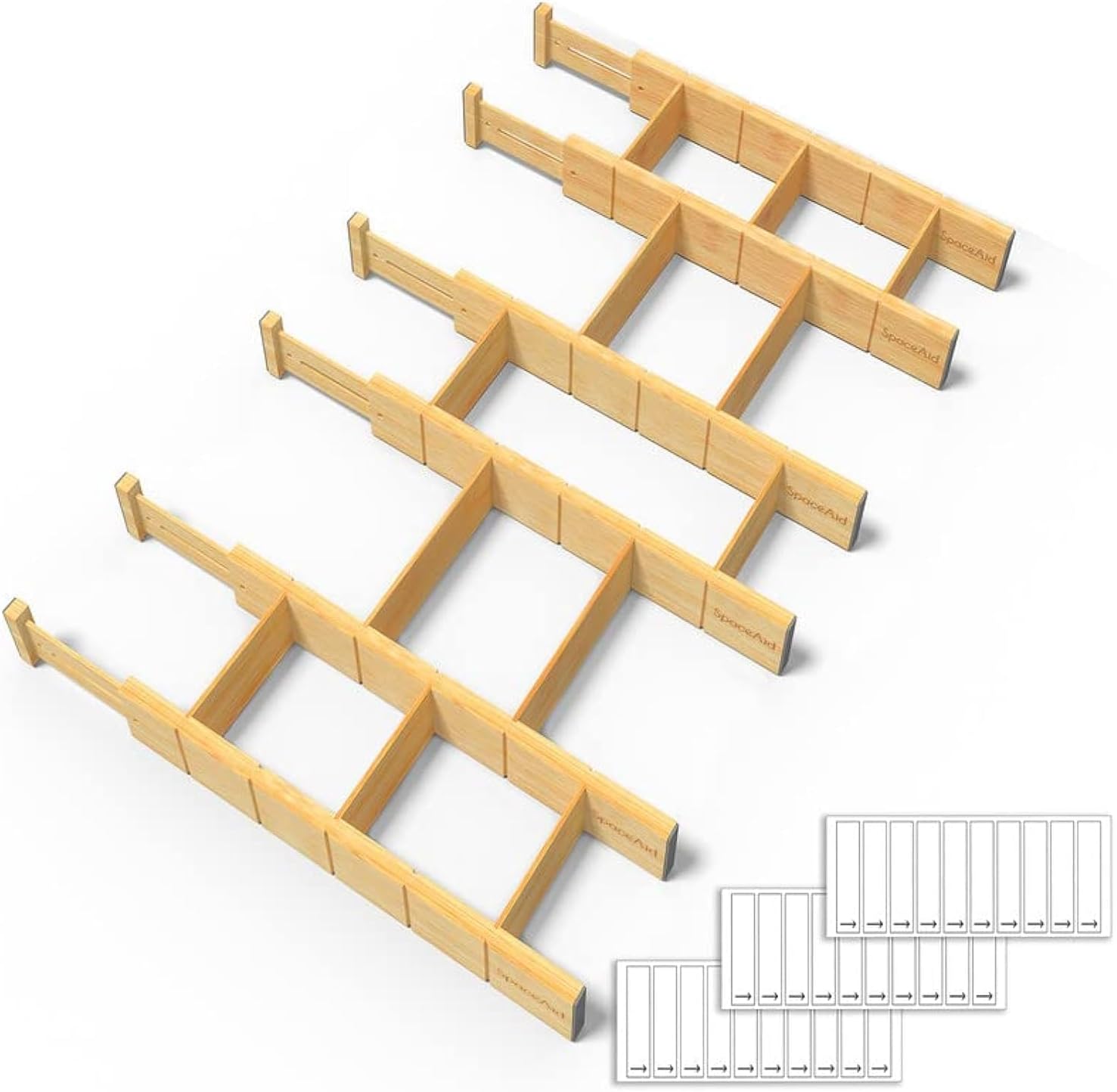 SpaceAid Bamboo Drawer Dividers with Inserts and Labels, Kitchen Adjustable Drawer Organizers, Expandable Organization for Home, Office, Dressers and Bathroom, 6 Dividers with 12 Inserts (17-22 in)