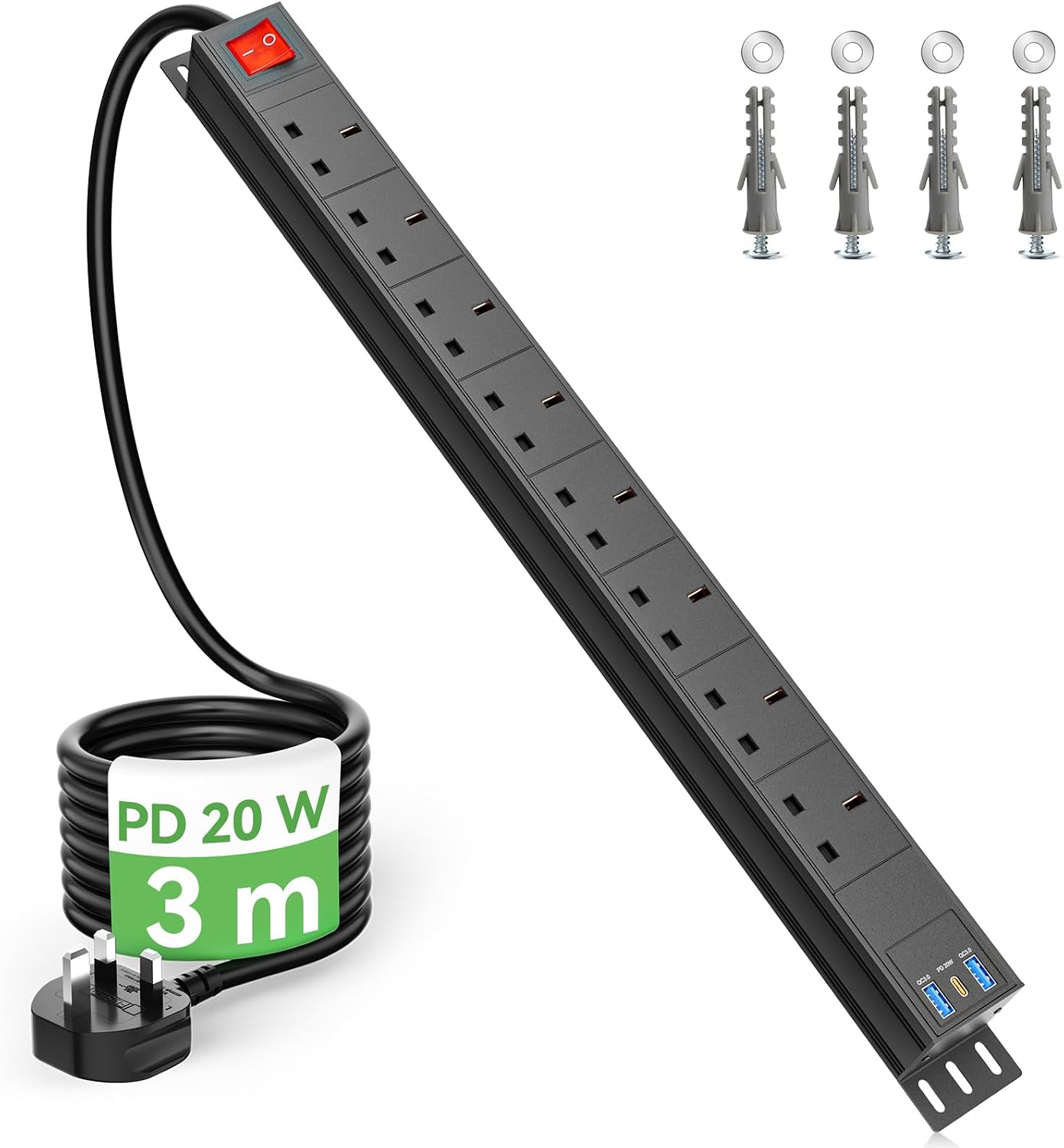 3m Cable 8 Way Power Strip Surge Protector, 8 Way Extension Lead USB C PD20W with Switches, Wall Mount Power Strip with Metal Casing for Home Office Industrial Use, Black, 13A