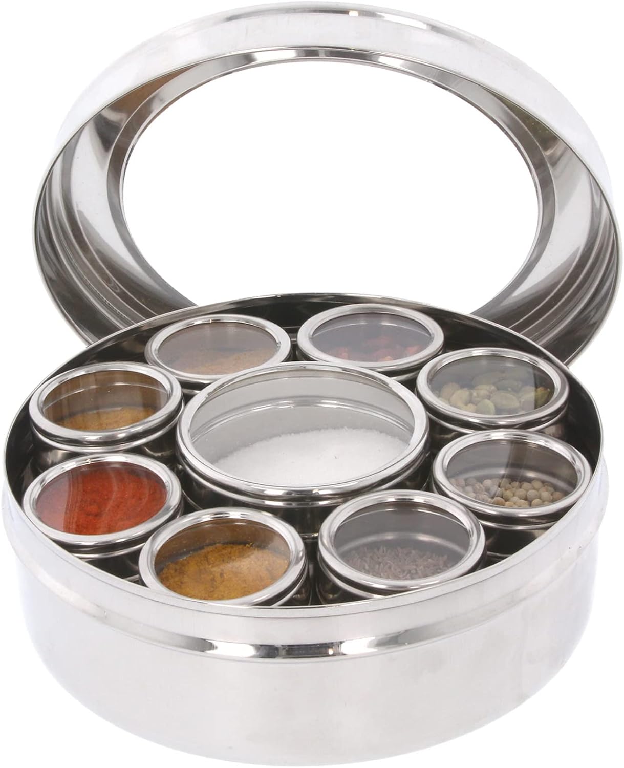 Authentic Indian Spice Tin Box Stainless Steel Masala Dabba Large Included 9 Separate Spice Tin Jar Curry Cooking Spice Herb Seasoning Pots with Lid Kitchen Masala Container Storage Set (No13 – 23cm)