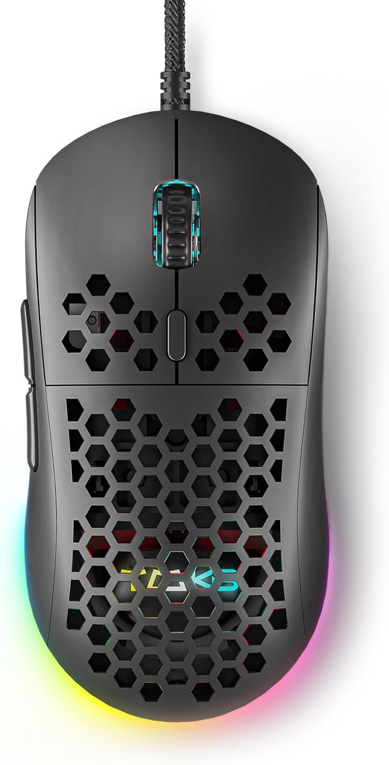 DIERYA M1SE Wired Gaming Mouse with Honeycomb Shell, 12800DPI Optical Sensor, 6 Programmable Macros, Software Support for Custom Key Config, and RGB Settings for Windows 7/8/10/XP, Vista, Linux-Black