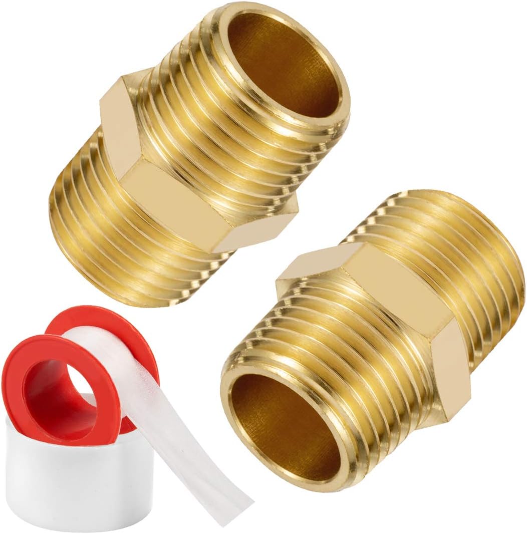 1/2" X 1/2" NPT Brass Nipple Pipe Fittings Equal Adapter Union Male Threaded Hex Straight Connector Couplings Hose Extender, Pack of 2