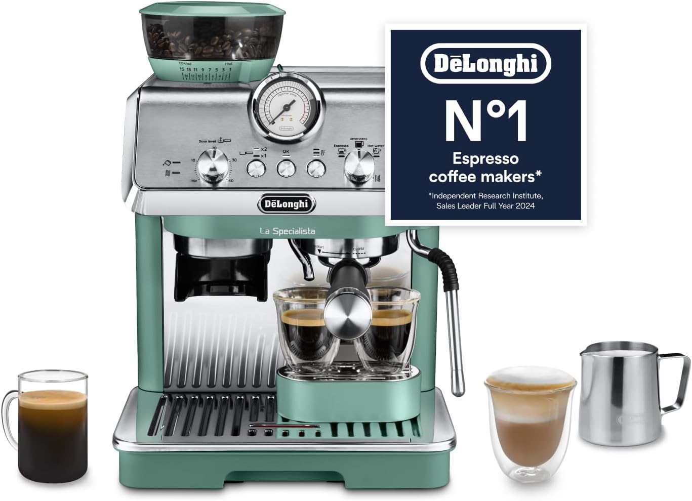 De'Longhi La Specialista Arte EC9155.GR, Barista Pump Espresso Machine, Bean to Cup Coffee and Cappuccino Maker, 8 Grinding Settings, MyLatte Art Frothing Wand, 1550W, Green