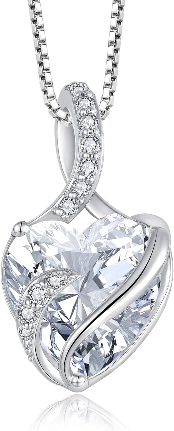 FJ Necklaces for Women 925 Sterling Silver Heart Birthstone Pendant Necklace Jewellery Gifts for Women Girls