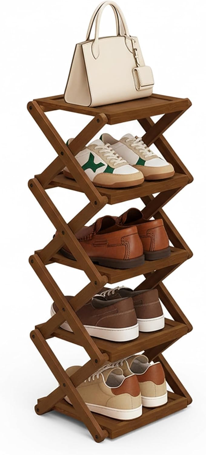 Bamboo Standing Foldable Shoe Rack, Eco-Friendly – Multiple Layers Available, Widened & Taller, Multifunctional Storage Rack for Entryway, Hallway & Bedroom, Space-Saving (Brown, 5 floors)