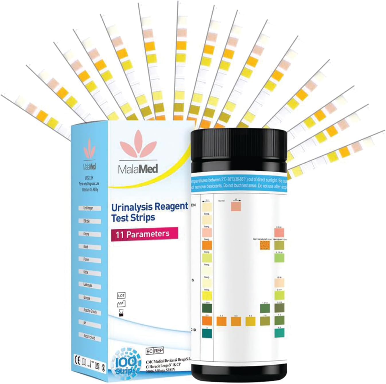 MalaMed | Pack of 100 Urinalysis UTI 11 Parameter Urine Test Strips for Urobilinogen, Bilirubin, Ketone, Blood, Protein, Nitrite, Leukocytes, Glucose, Speceific Gravity, pH & Ascorbic Acid