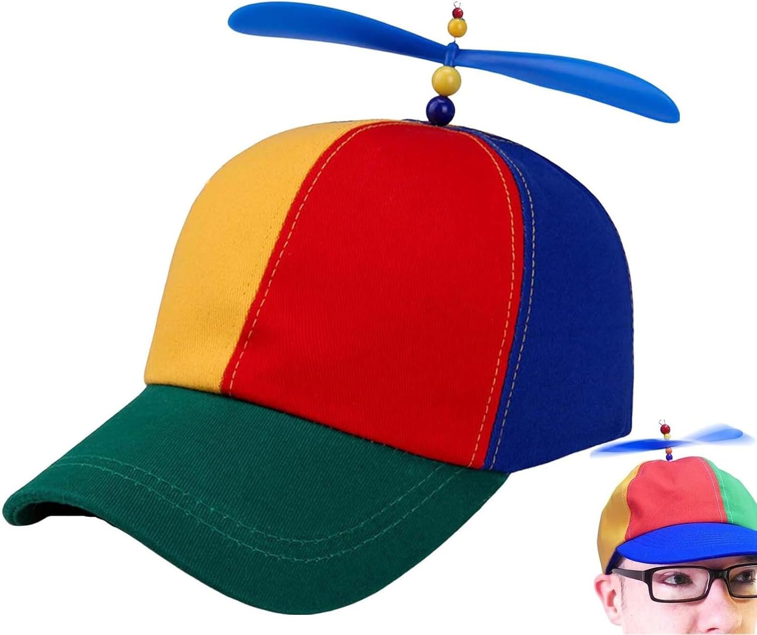 Helicopter Clown Hat with Spinning Propeller - Funny, Silly, Novelty, Adjustable, Attention Grabbing Cartoon Character Fancy Dress Party Rainbow Beanie Ball Cap