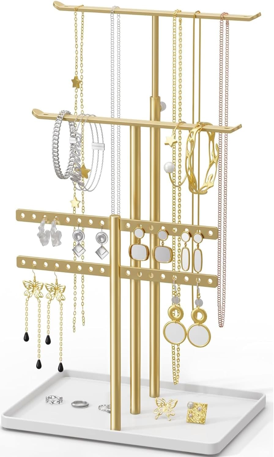 susswiff Jewelry Holder Organizer Stand - Adjustable Jewelry Tree 17.5" Height (Max), Jewlery Hanger for Necklaces, Bracelets, Earrings, Aesthetic for Storage and Display, Metal, Gold and White