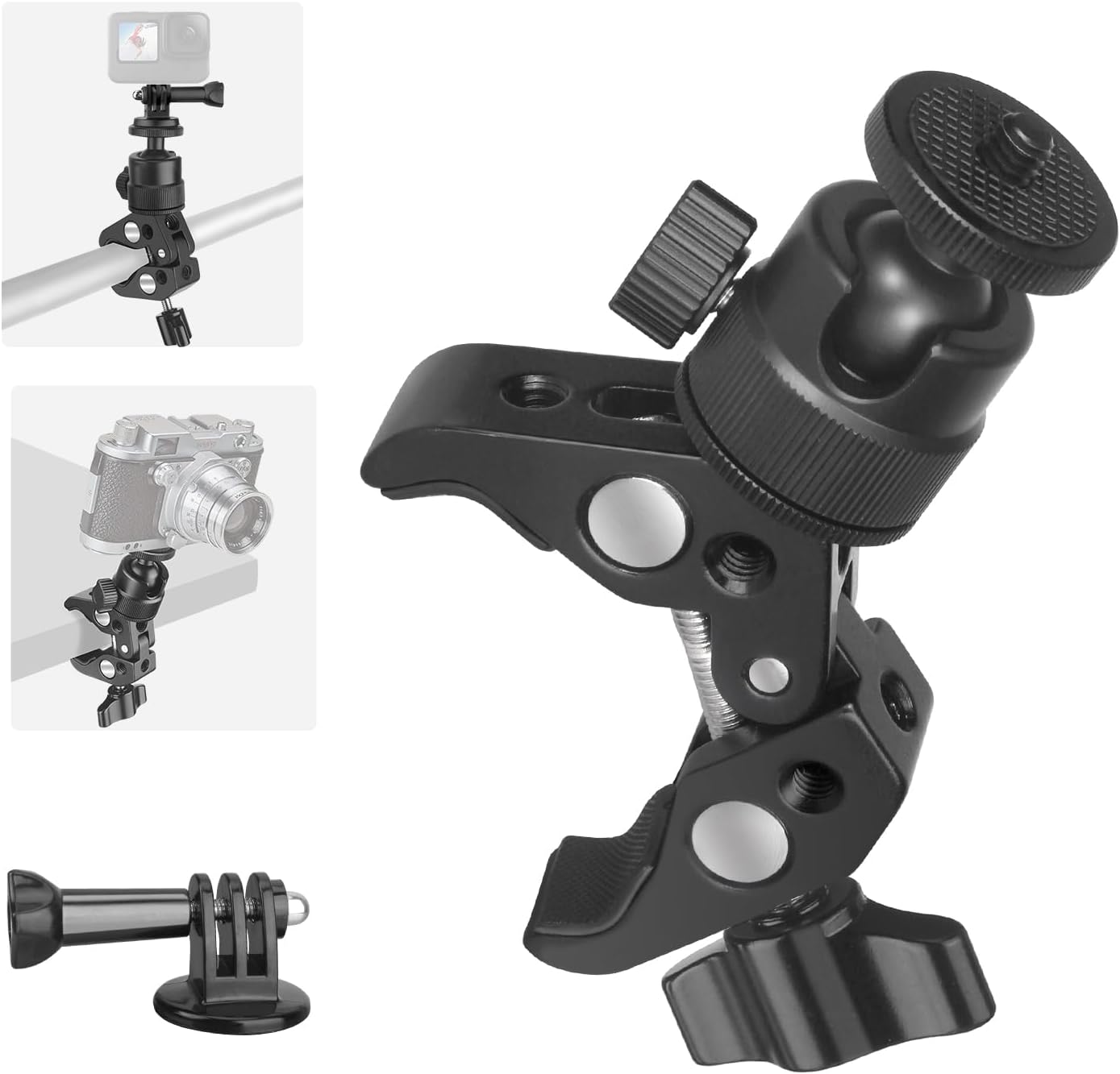 Super Clamp Camera Mount with 360° Ball Head, Action Camera Adapter, 1/4"-3/8" Thread, 6.6 LB/3 KG Load-Bearing Motorcycle Bike Bicycle Pole Tube Tripod Desk Camera Mount for Light Insta360 DSLR