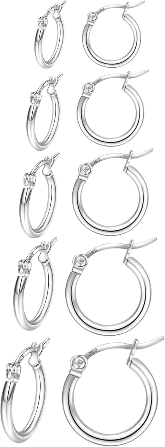 PABBEU 5 Pairs Sterling Silver Hoop Earrings for Women - Small Sleeper Hoops 8/10/12/14/16mm - Tiny Mini Earrings for Girls