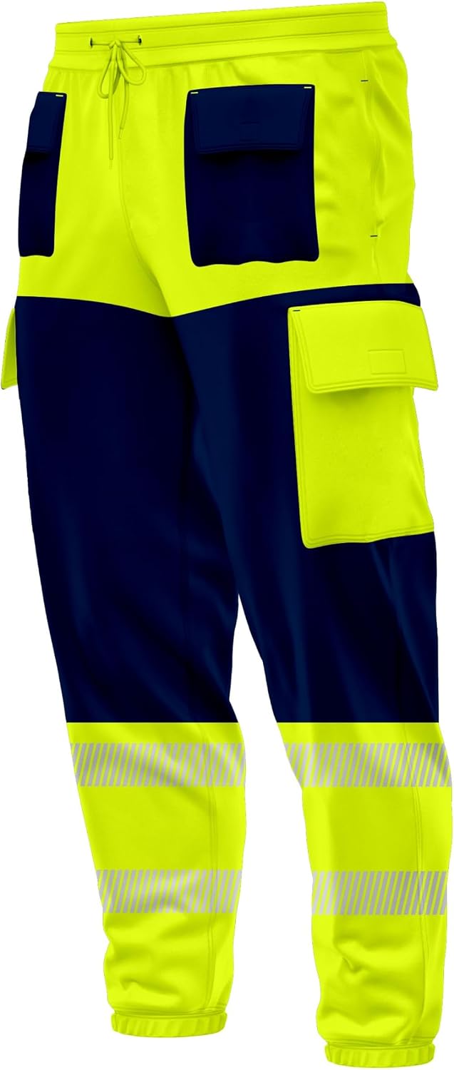 Mens Hi Vis High Visibility Contrast Multiple Pockets Cargo Trousers Bottoms Reflective Tape Drawstring Elasticated Waist Ankle Workwear Joggers