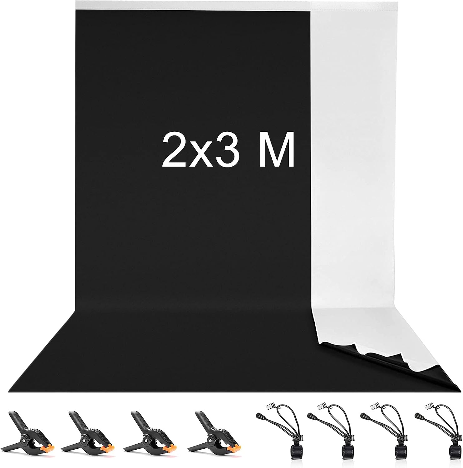Black/White Double Sided Backdrop, Vevelux 2 x 3 M / 6.5 x 9.8 FT 100% Polyester 2 in 1 Black/White Background Screen with 4 Spring Clamps & 4 Backdrop Clip for Photo Video Studio Live Streaming