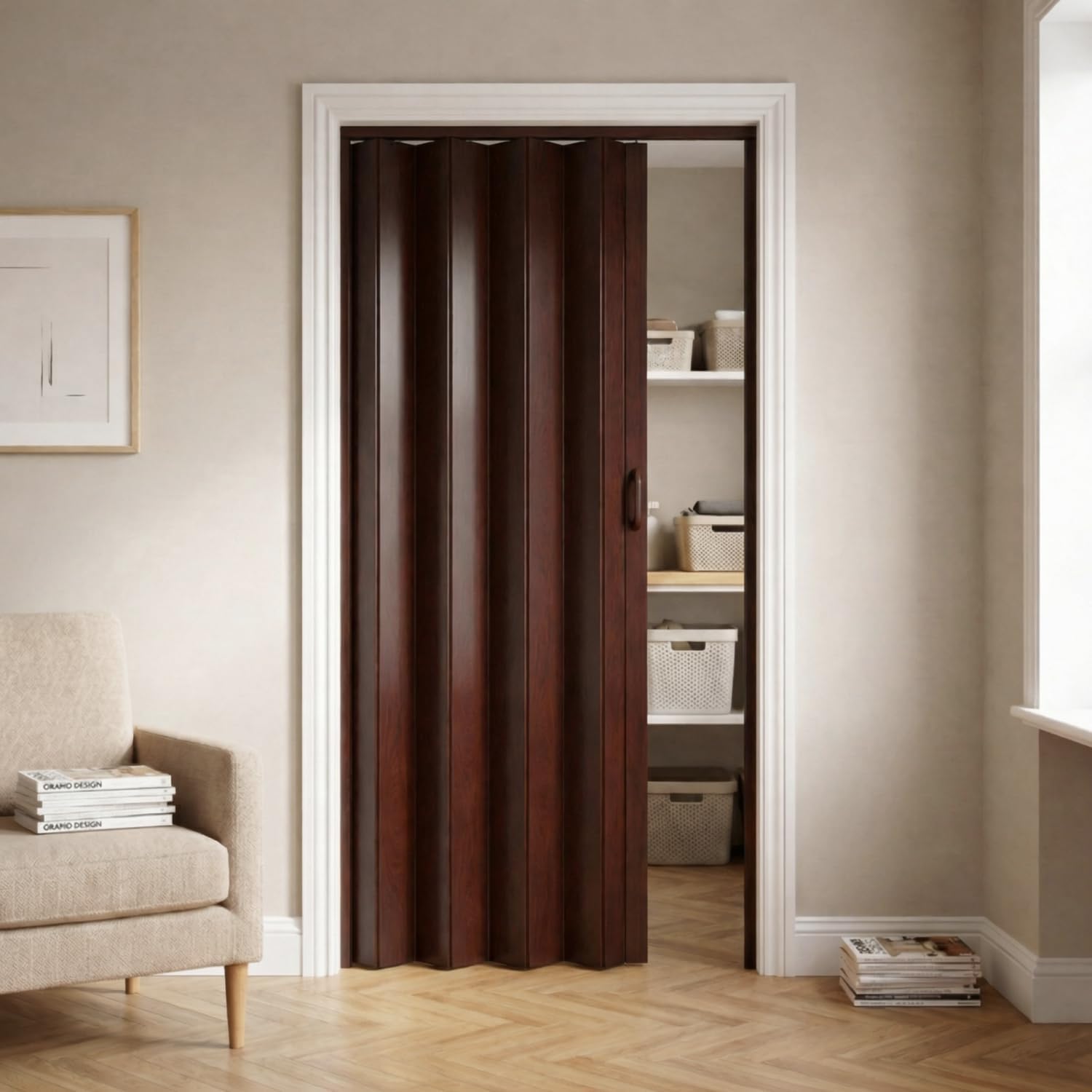 NOVECRAFTO PVC Folding Door, 32 x 80 in, Dark Brown Oak | Wood-Effect Concertina Door, Smooth Glide, Magnetic Closure, Moisture-Resistant PVC and Easy Installation, Space-Saving