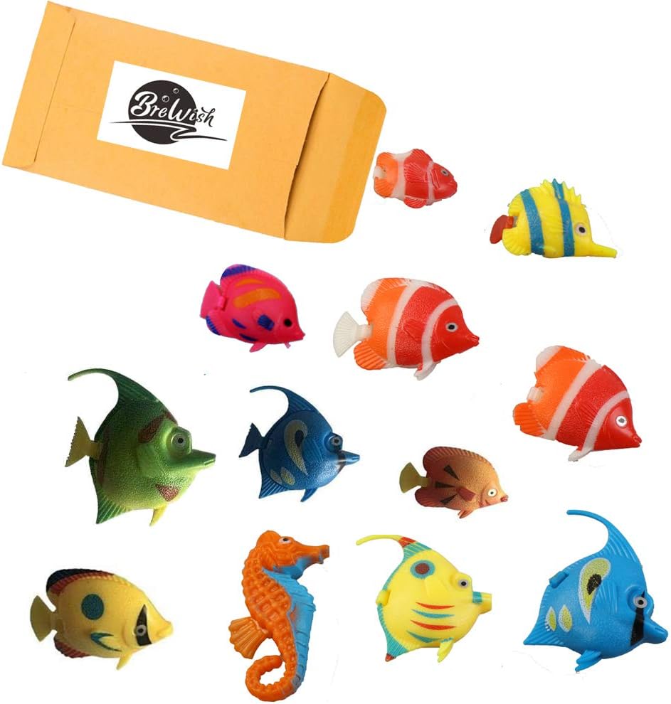 Brewish Artificial Lifelike Plastic Fish for Aquarium Tank Decorations Ornaments | Random Pattern Moving Floating Fishes Toy for Swimming in Bubble Tube Lamp Accessories – 12 Pieces Set