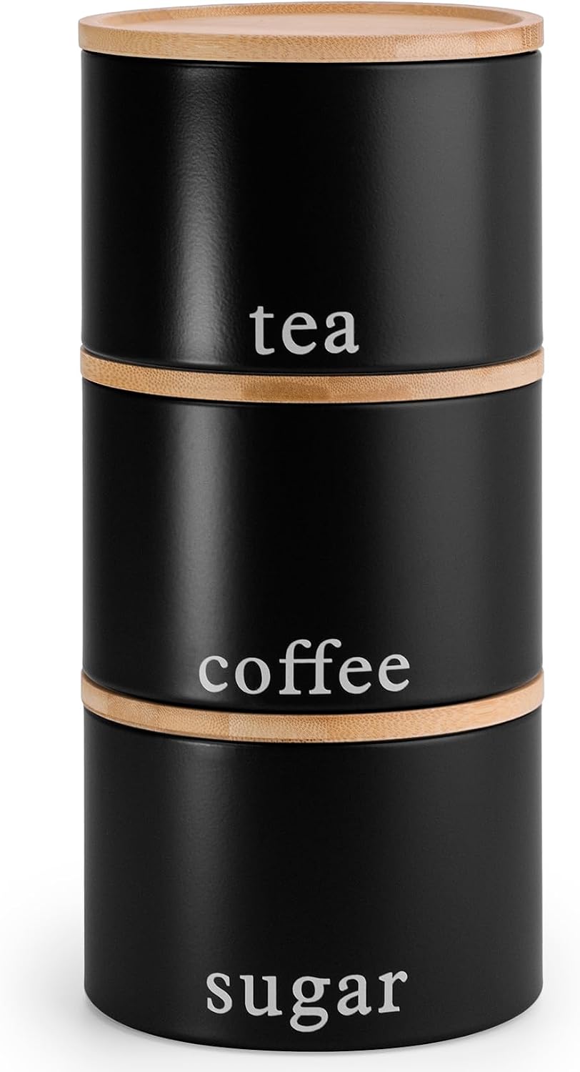 EHC Tea, Coffee, Sugar, Canister Set, Set of 3 Stackable Airtight Food Storage Easy to Open Storage Cansiters Jars Tin, Black