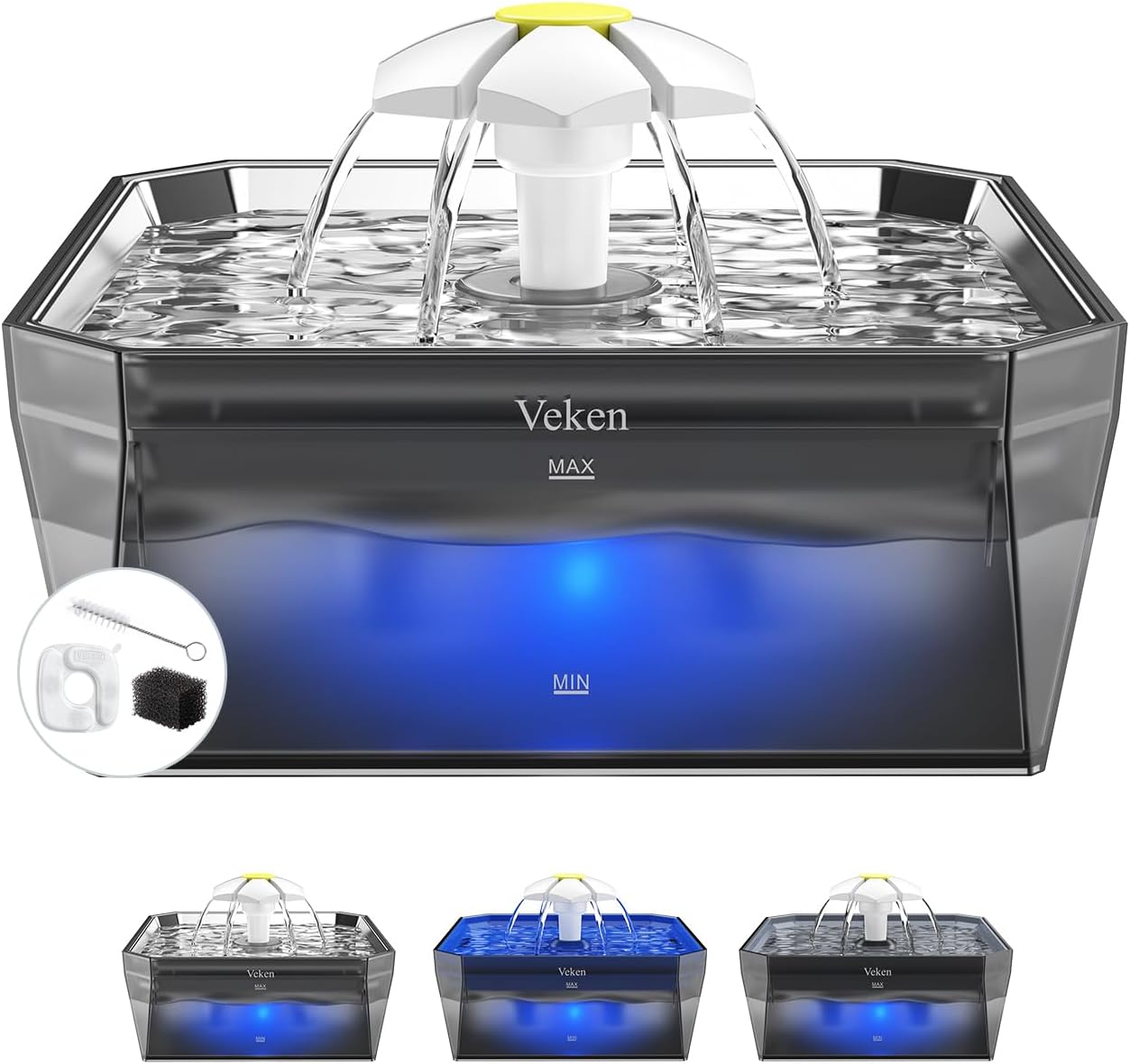 Veken Pet-Friendly Cat Water Fountain with Stainless Steel Lid & Quiet Pump, Easy to Clean & Assemble, 50oz Pet Water Dispenser for Cats, Dogs, Black