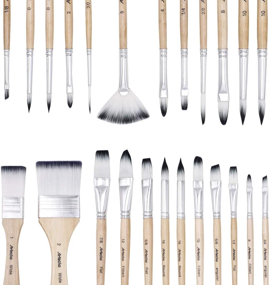 Artecho Art Paint Brushes Set for Watercolor, Acrylic, Oil, Rock Painting, Nail Brush, 24 Different Sizes with Organizing Case for Artists, Adults & Kids