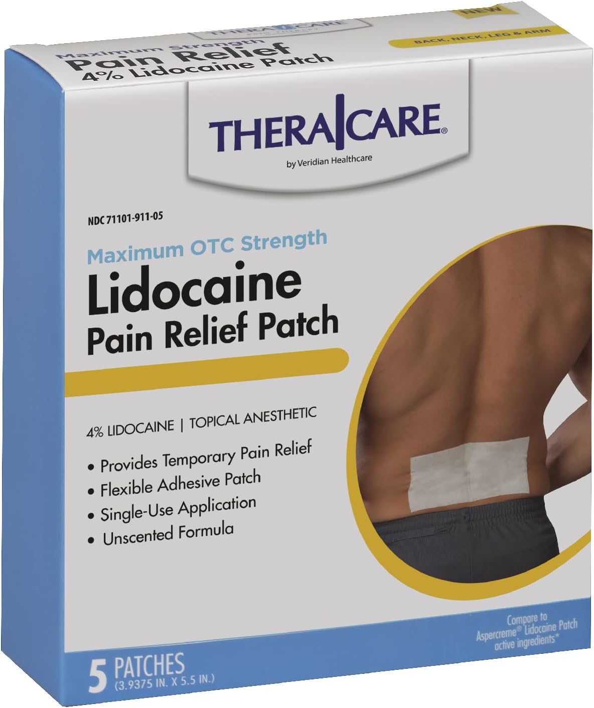 Thera|Care Pain Relief Patch | 4% Lidocaine Patch | 3.9” x 5.5” | 5-Count Box
