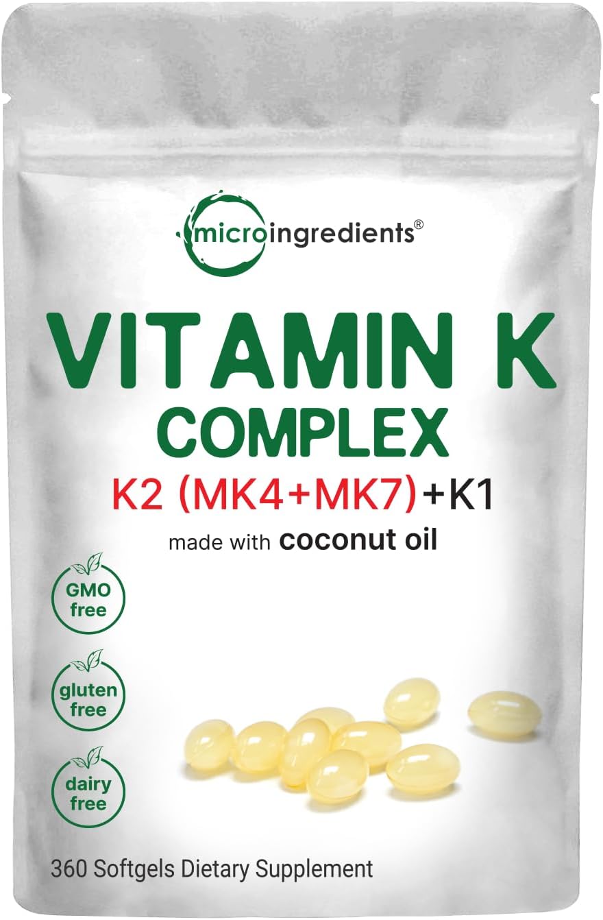 Micro Ingredients Super Vitamin K Complex (K2 MK7 + MK4 & K1), 360 Coconut Oil Softgles | Easily Absorbed K Vitamins, Active Menaquinone Complex | Immune, Joint, & Heart Support | Non-GMO