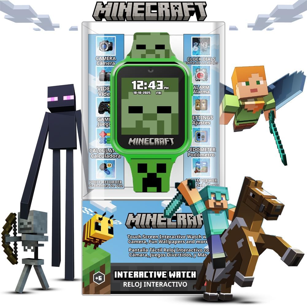 Minecraft Kids Smartwatch - Interactive LED Screen Watch with 10 Custom Watch Faces, Games, Camera, Alarm, Step Tracker & More - Fun Tech Gift for Boys and Girls - Fits Wrists 5.5'' to 8.0"