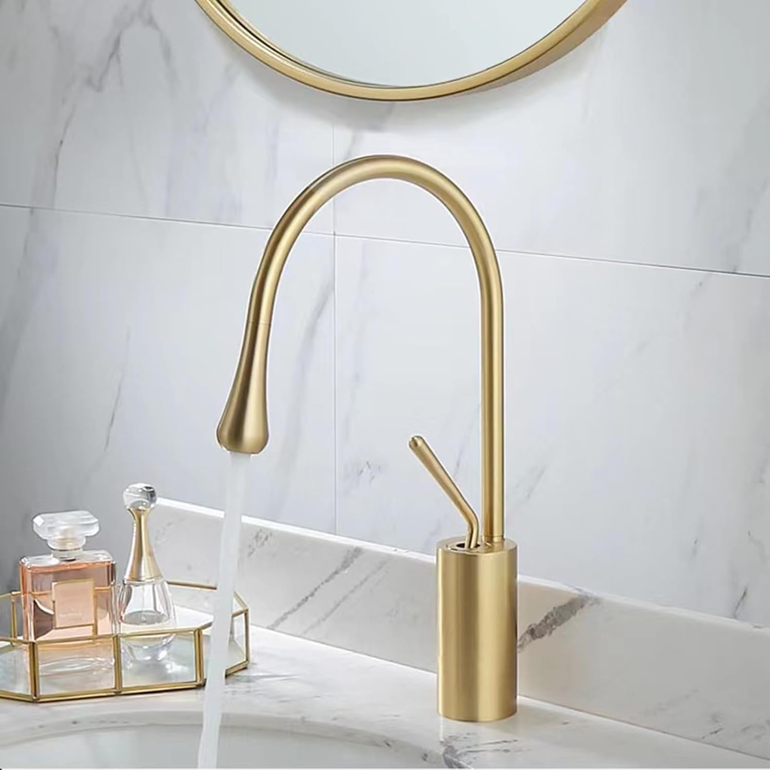 Bathroom Cloakroom Mixer Tap, Gooseneck 360° Rotation Bathroom Tap, for Single Hole Sink,Brushed Gold Star of Light