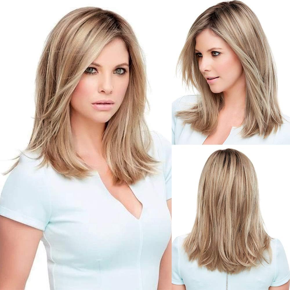 BLONDE UNICORN Strawberry Blonde Wigs for Women Natural Side Part Straight Hair Wig Shoulder Length Ombre Dark Root Hair Wig………